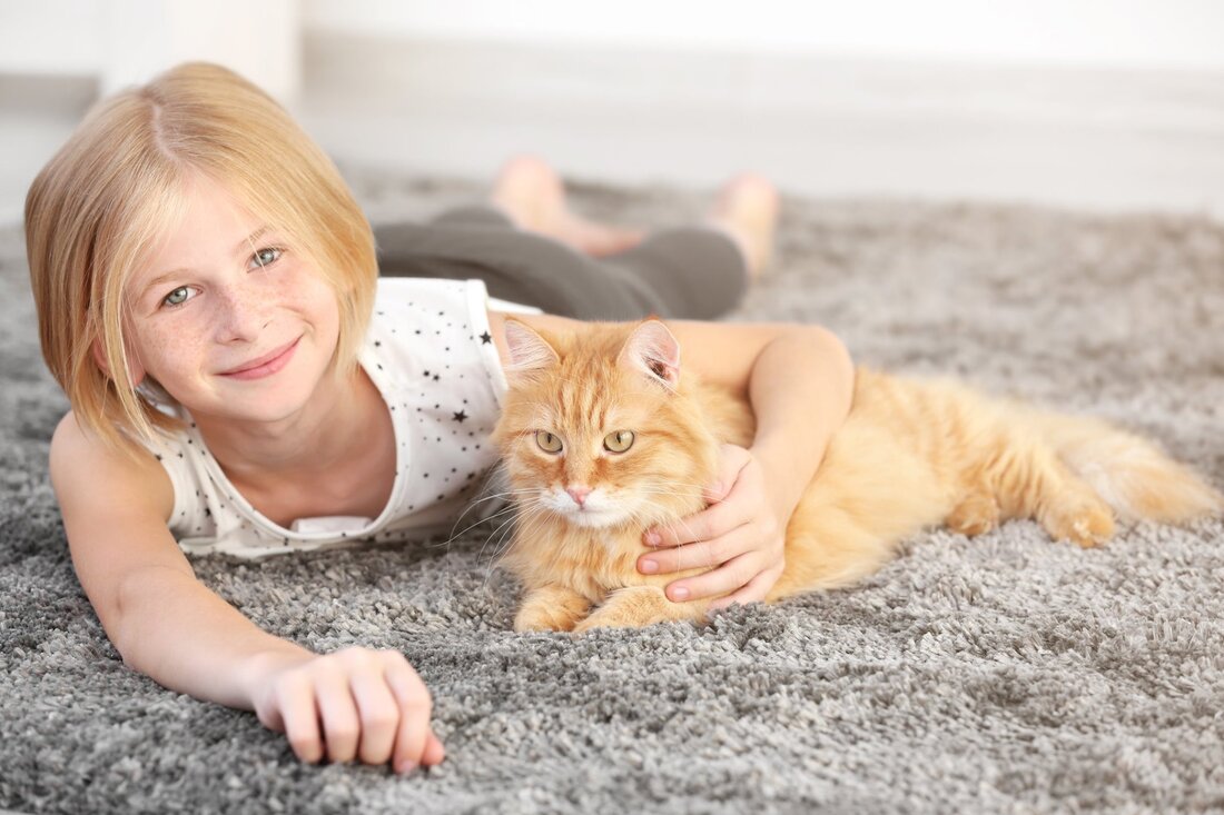 Girl with cat on new carpet